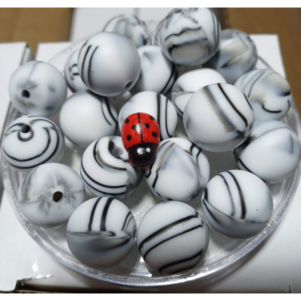 129- Black & White Marble  Silicone Beads